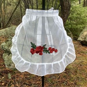 White Sheer Apron Red Roses appliqué Ruffles Apron Tea party Costume Cafe Gifts
